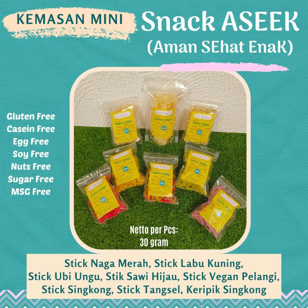 

(PO) Snack Aseek NO Gluten Dairy Egg MSG Kemasan Mini Bermacam Varian utk goodie bag dll min order 50pcs