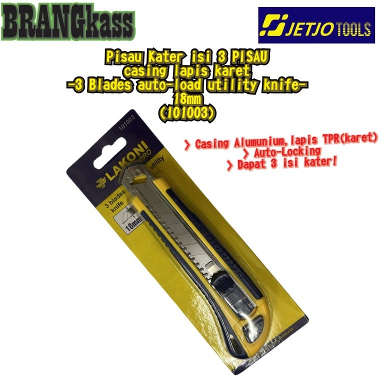 

(101003) Pisau Kater isi 3 pisau body lapis karet (AUTO LOAD) 18mm/ 3 blades auto-load utility knife JETJO TOOLS/ lakoni pro