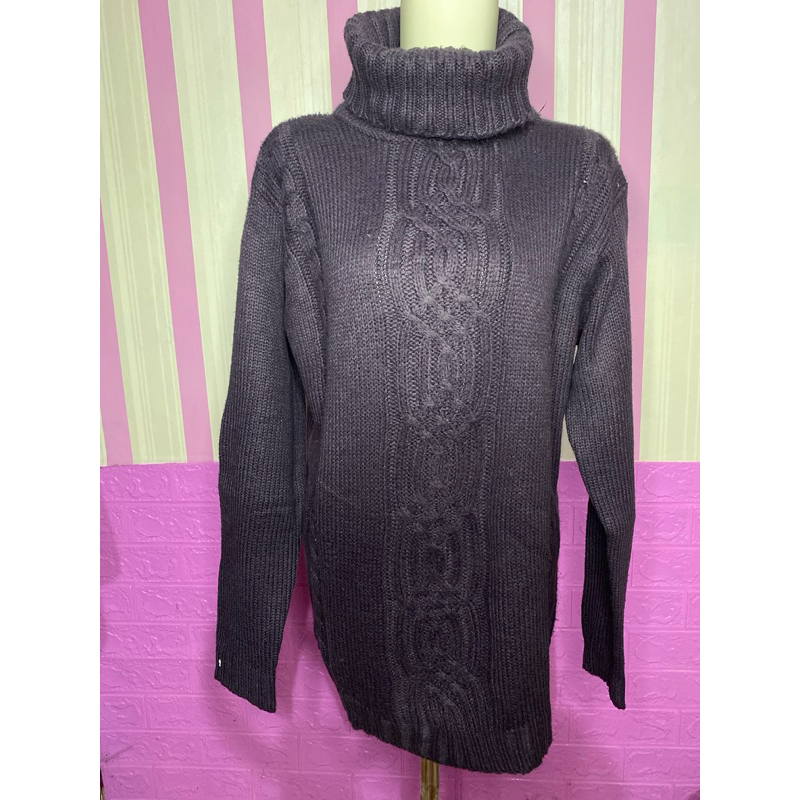 prelov atasan wanita warna ungu tua bahan rajut kepang turtelneck