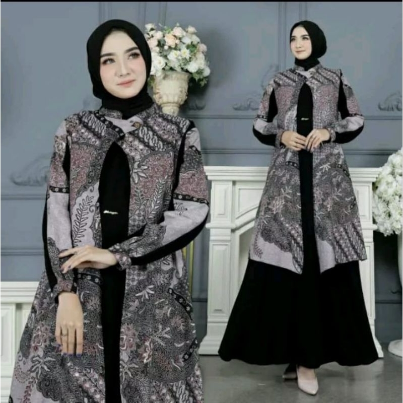 gamis batik kombinasi polos 2in1 jetblack busui terbaru terviral termurah