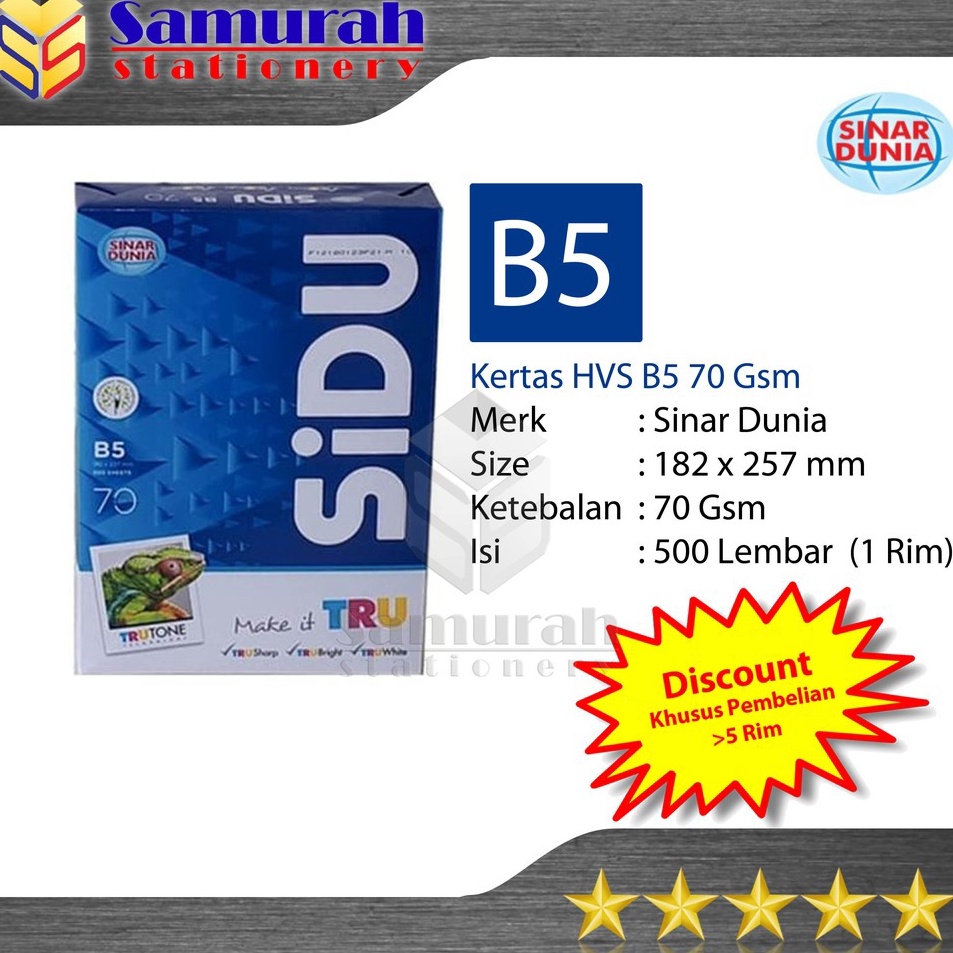 

Grosir Menarik Kertas HVS Sinar Dunia B5 7 Gsm HVS Sidu B5 7 Gram Kertas HVS Putih Sidu B57 Gsm B5 7Gsm