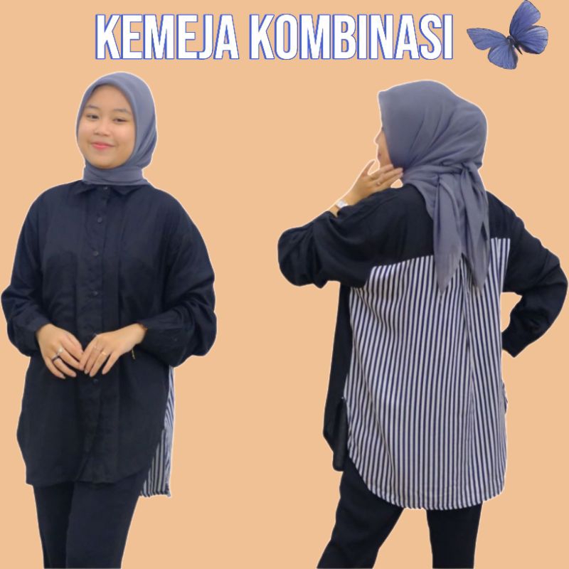 Kemeja wanita kombinasi polos uniqlo kemeja mix salur