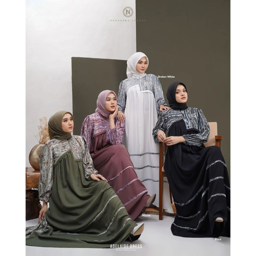 Nadheera Luxury Gamis Wanita Adelaide Dress Gamis Terbaru Hitam Broken White ZH04