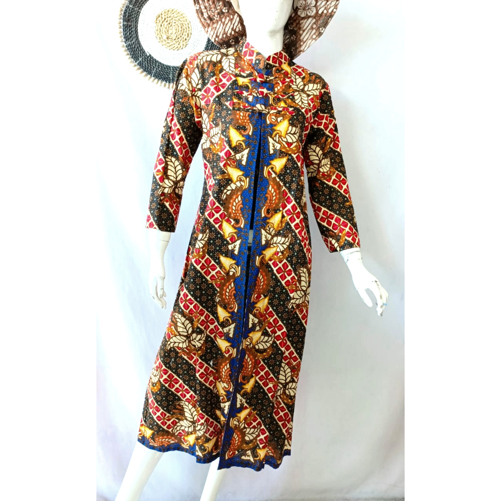 Cardigan Panjang Batik Biru Lengan Panjang Katun