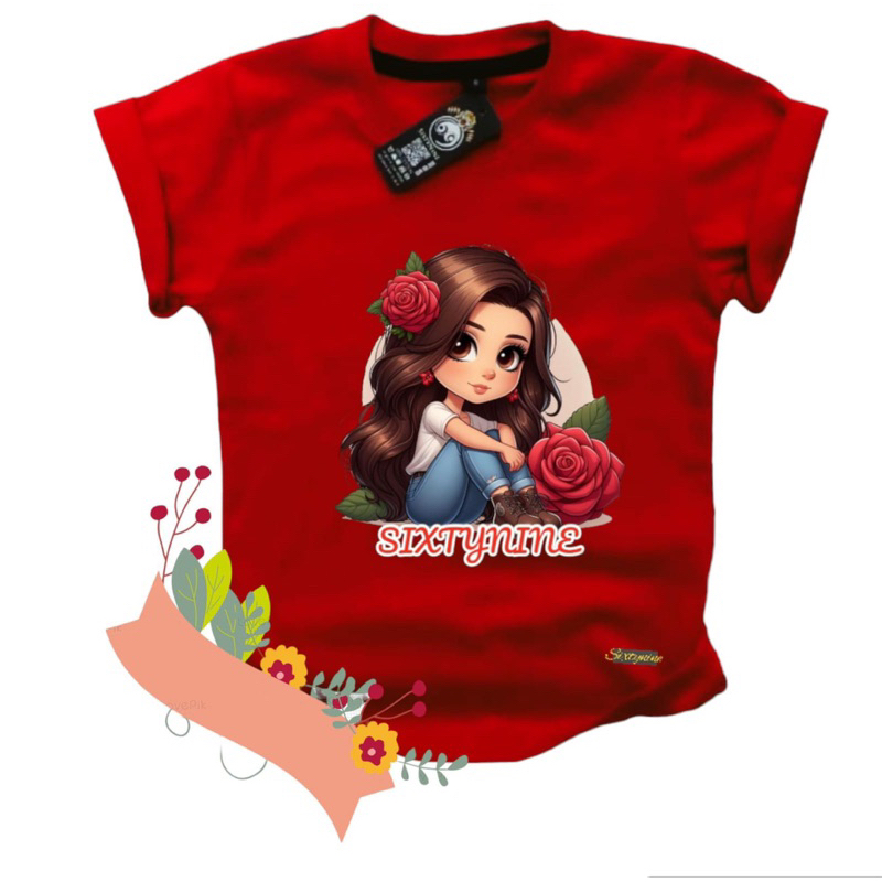 Kaos Anak Perempuan Usia 1-10tahun Bahan Cotton 30s Motif Girl Mawar Lengan Pendek
