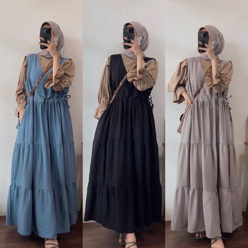 Megumi Overall Premium | Gamis Crinkle Airflow Serut Pinggang