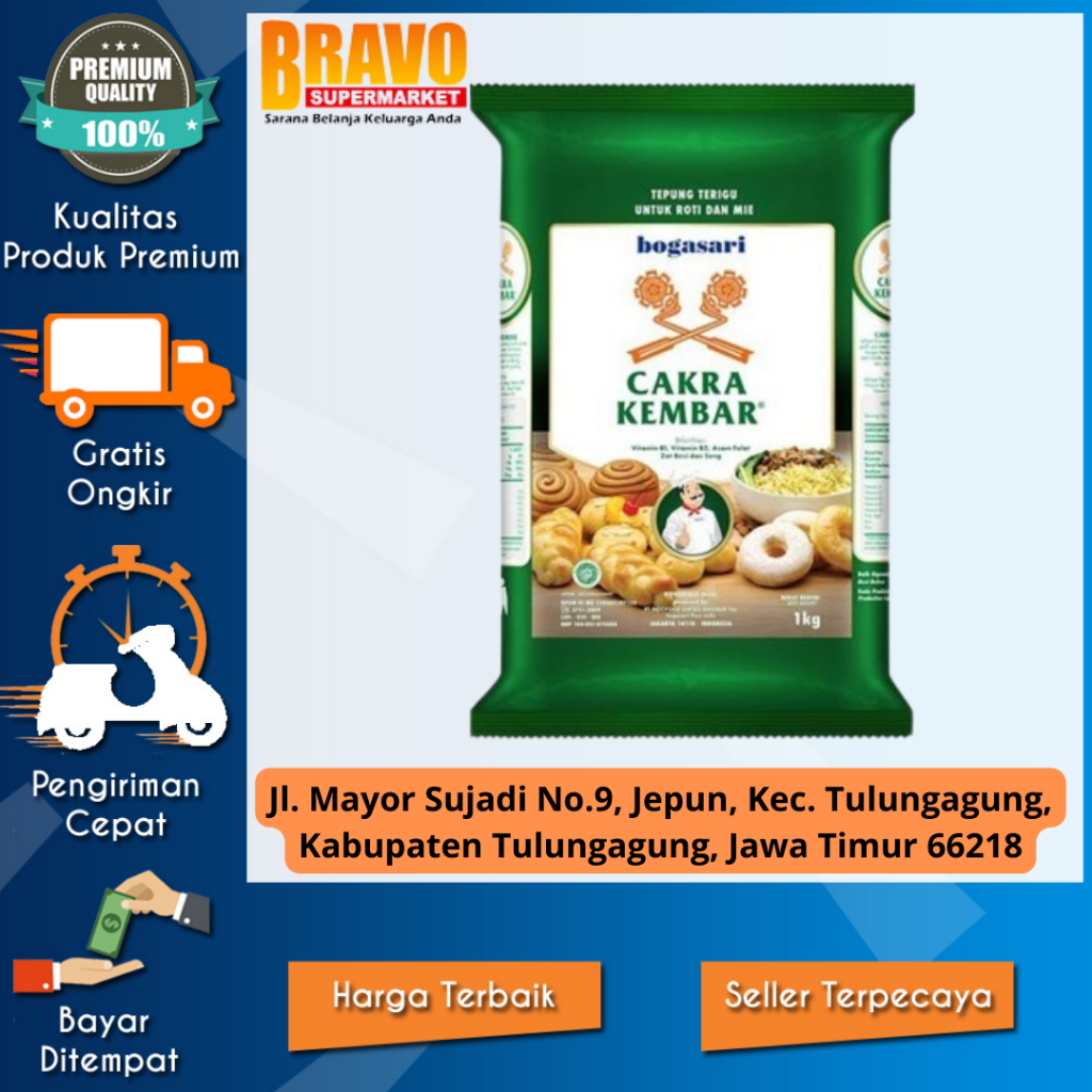 

Bravo Supermarket Tulungagung - Tepung Terigu Cakra Kembar Bogasari 1 kg