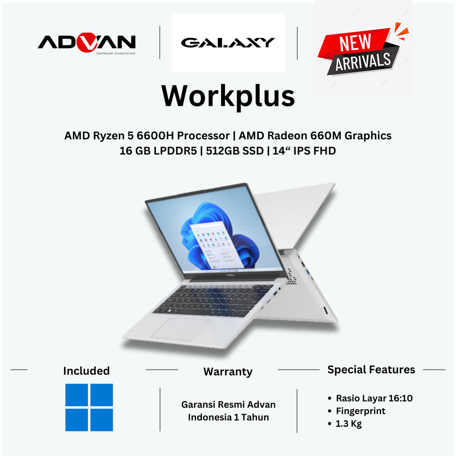 ADVAN Laptop Workplus AMD RYZEN 5 6600H 14'' FHD IPS 16GB 512GB Win 11