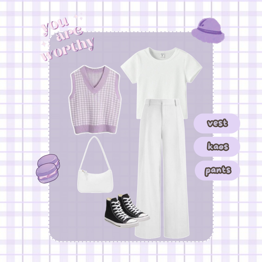 AC162 - 3IN1 Fairy Set Jennie Vest Lilac Rajut Houndstooth premium ft Kaos Polos Highwaist Pants Rem