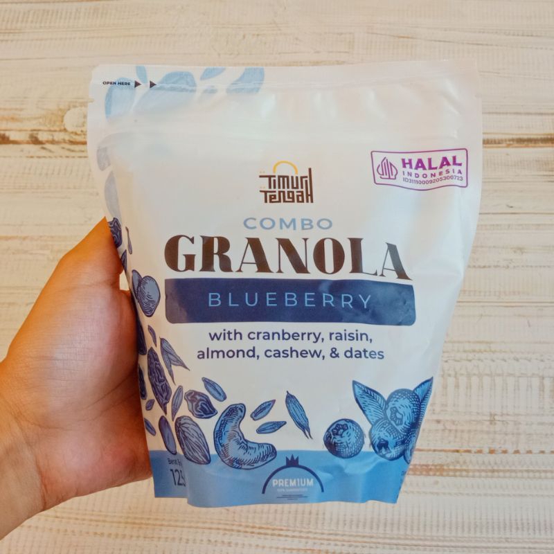 

Granola Timur Tengah Blueberry 125 Gram Sereal Makanan Sehat High Quality Isi Almond Mede Kismis