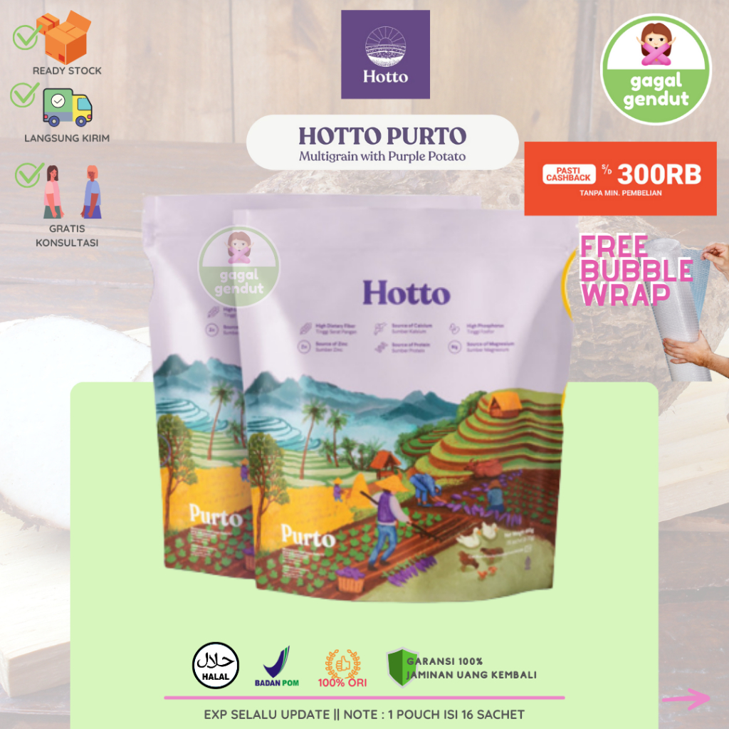 

Hotto Purto Pouch Multigrain with Purple Potato isi 16 Sachet 480 Gram BPOM HALAL OAT Makanan Tinggi Serat OatMeal Diet