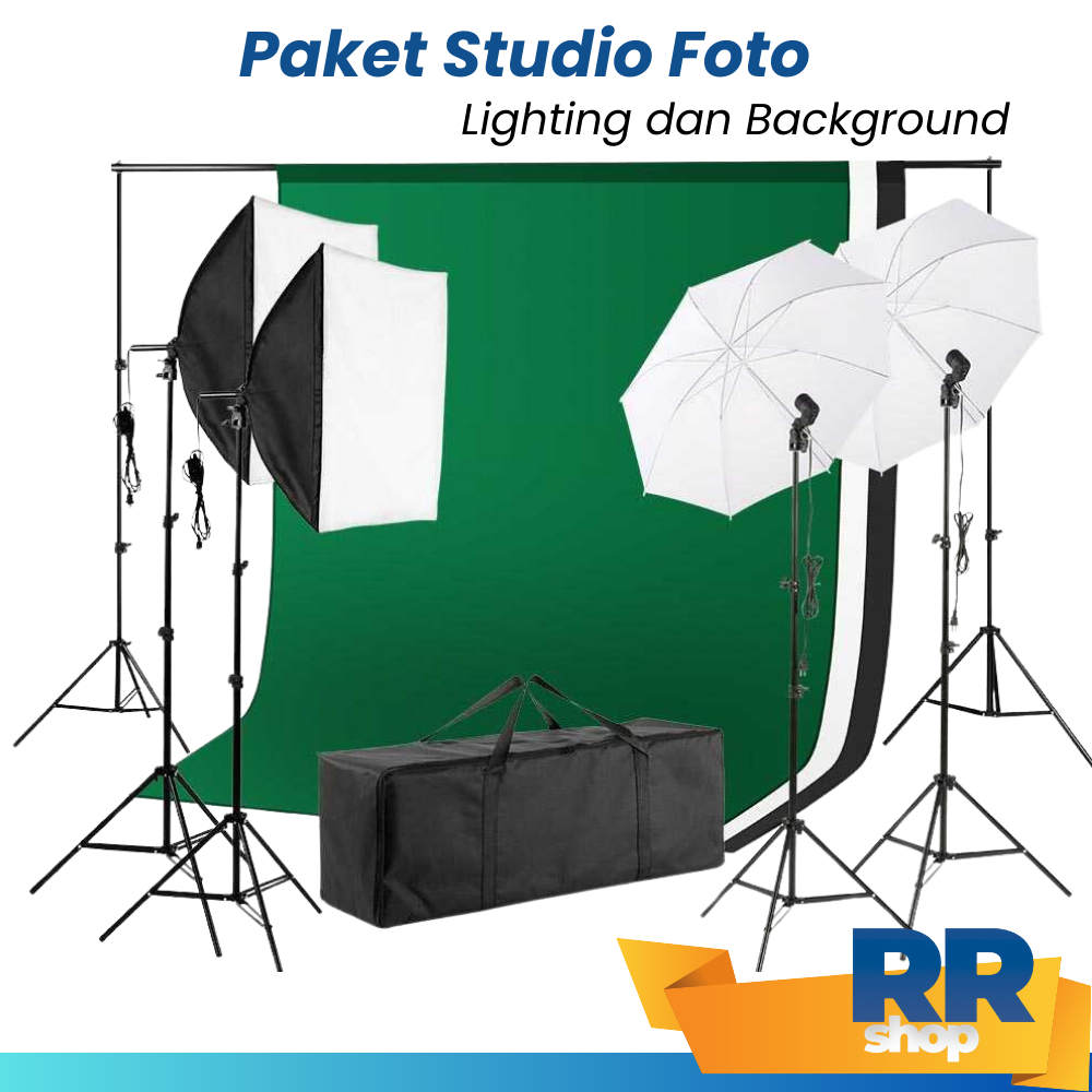 Paket Lengkap Studio Foto Tiang Stand Background Softbox Lighting Green Screen Backdrop