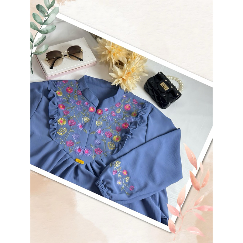 GAMIS BORDIR BUNGA TIMBUL BAHAN CRINKLE/GAMIS AZIZAH MEWAH TERBARU TERMURAH-Soft Blue