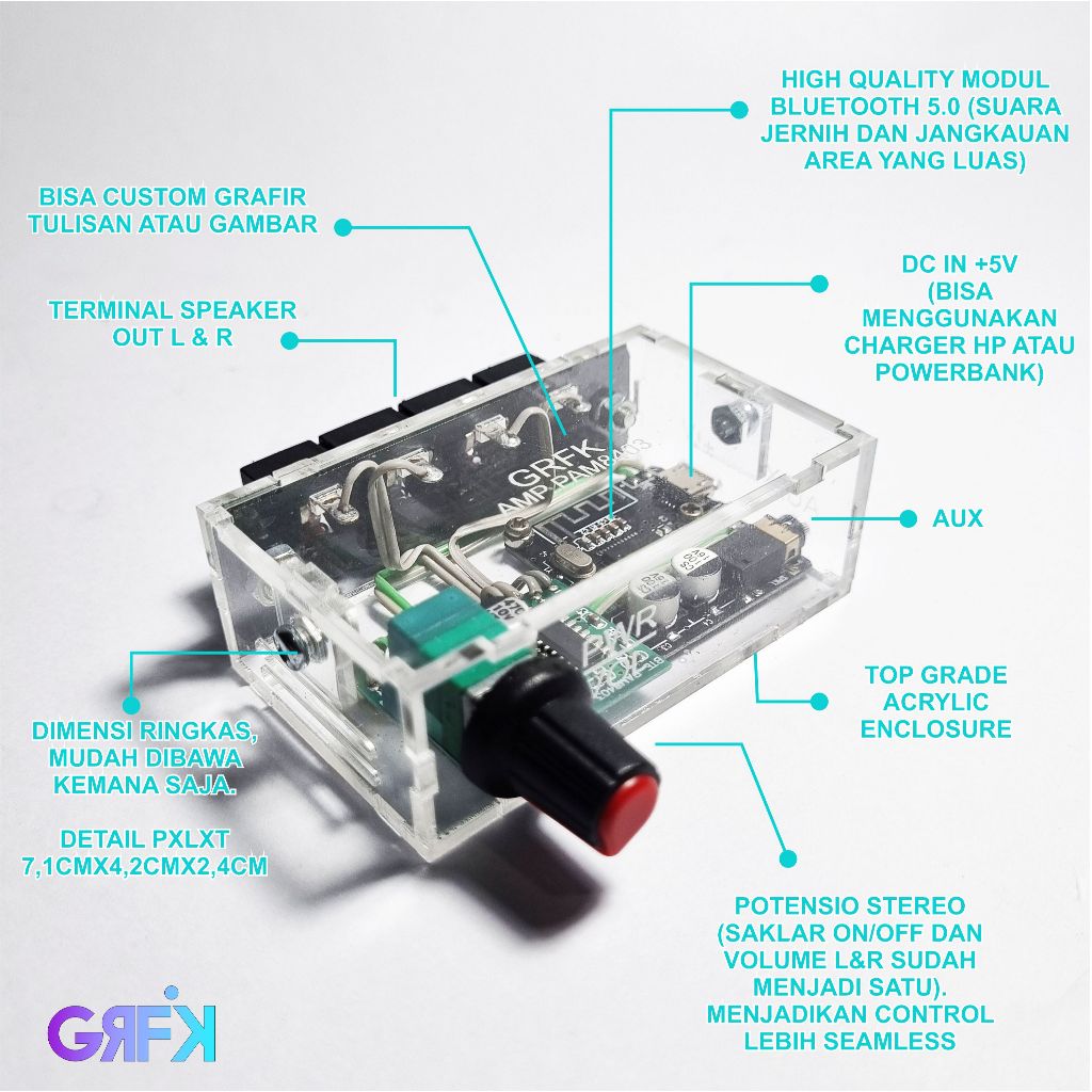 AMPLIFIER MINI 5V BLUETOOTH 5.0 (MATERIAL CASING AKRILIK CUSTOM)