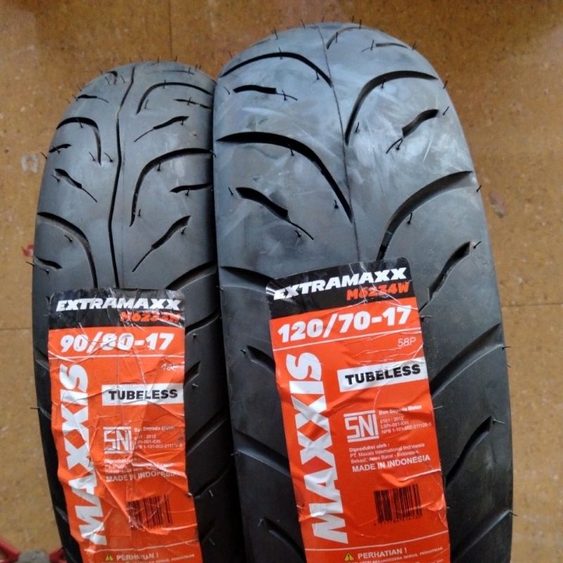 PAKET 120/70 & 90/80 RING 17 SEPASANG BAN TUBLES MAXXIS EXTRAMAXX SET LUAR DEPAN BELAKANG NEW VIXION