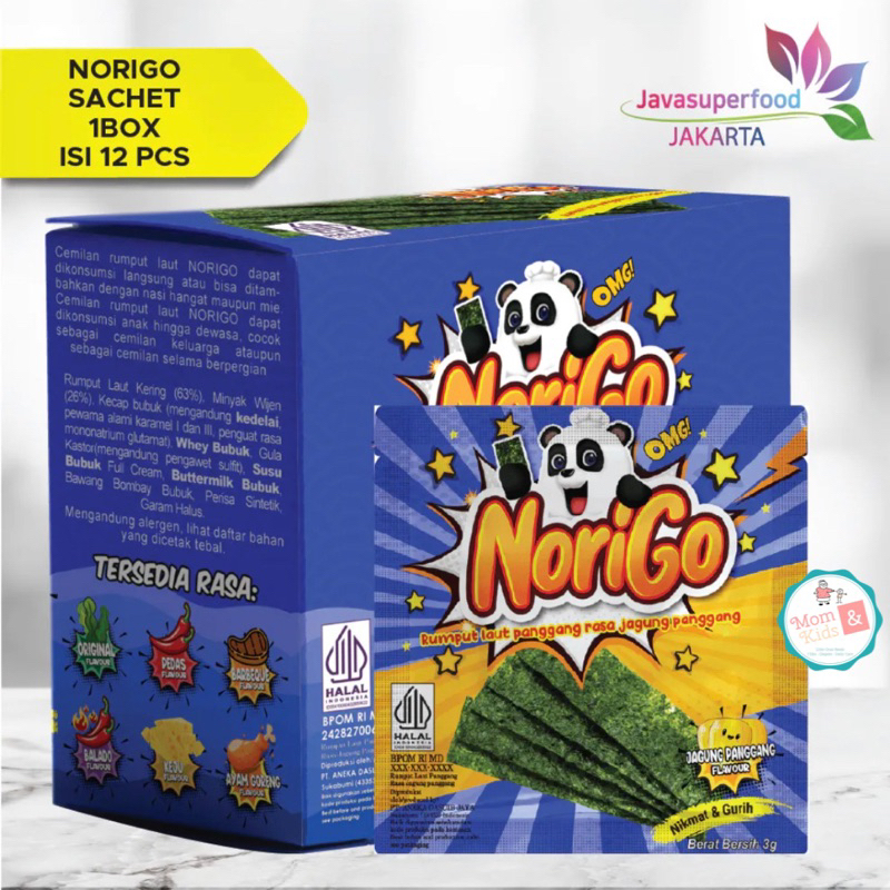 

RB NORIGO NORI SACHET SEAWEED 3G (1 BOX ISI 12 SACHET) RUMPUT LAUT HALAL SNACK CEMILAN BAYI ANAK