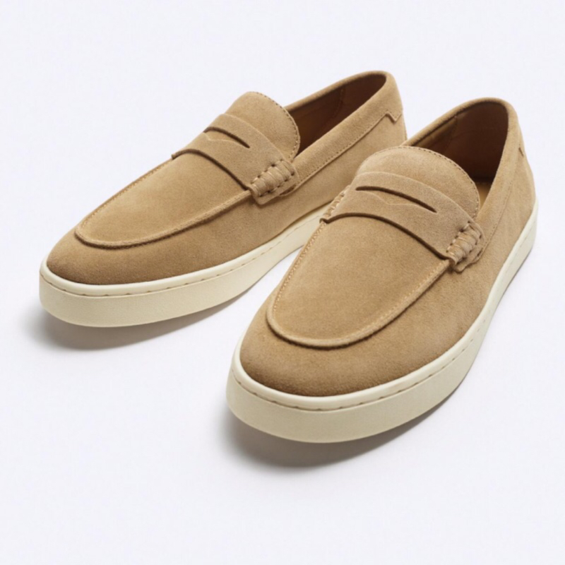 ZARA Men Shoes Split Suede Penny Strap Loafers Sepatu Pria Camel