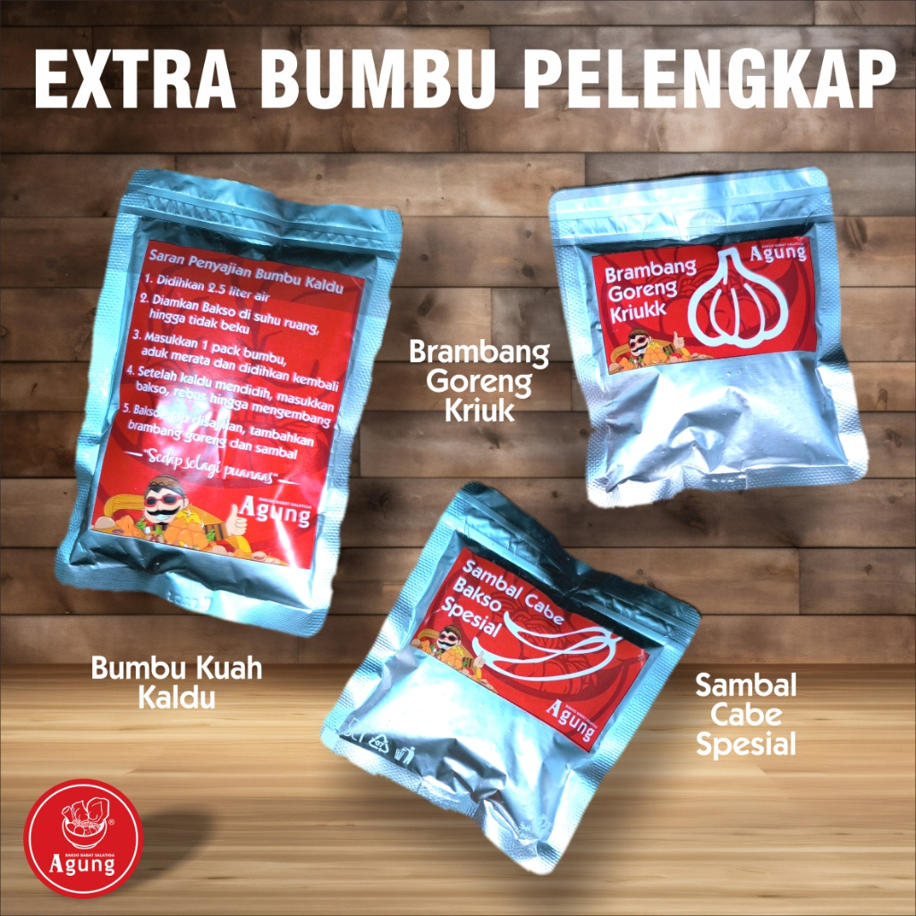 

Extra bumbu kaldu/ brambang goreng/ sambal cabe bakso