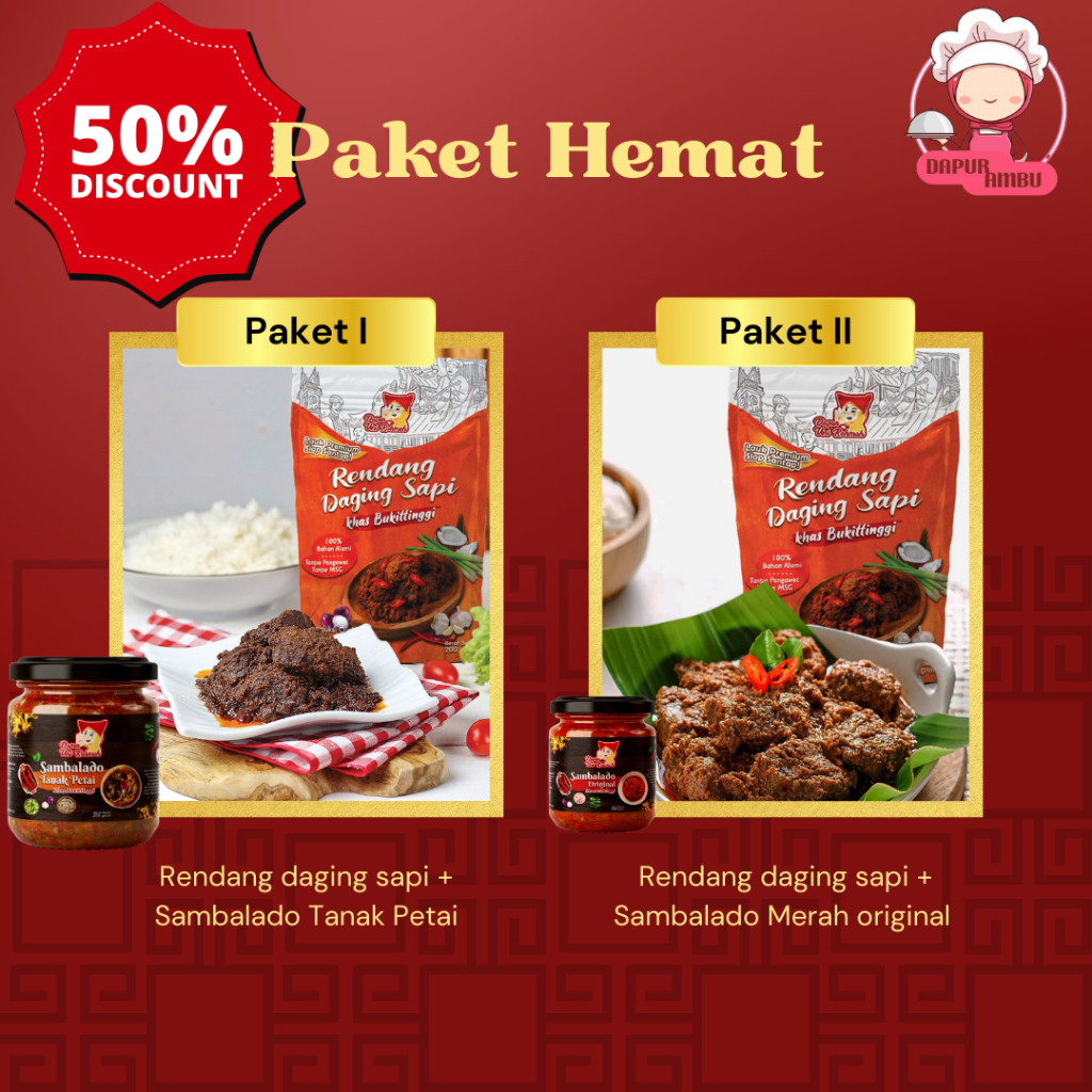 

[Paket Hemat @200gr Rendang Daging Sapi Asli Khas Padang Halal Dapur Ambu Kemasan Siap Saji | PAKET HEMAT Rendang sapi foodenna dapat 2 pcs @200 gr | Rendang Daging Sapi Asli Padang | Paket Padang Rendang Sapi & Paru Goreng Santapan Minang | Rendang