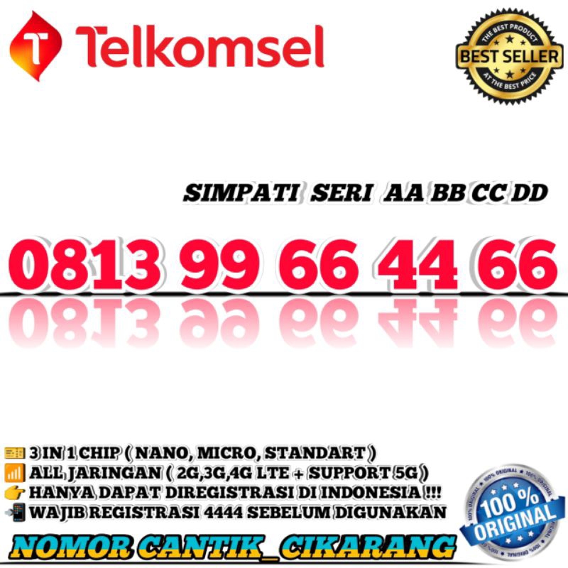 NOMOR CANTIK SIMPATI  KARTU PERDANA NOMOR CANTIK TELKOMSEL NOMOR CANTIK SIMPATI SERI AABBCCDD 996644