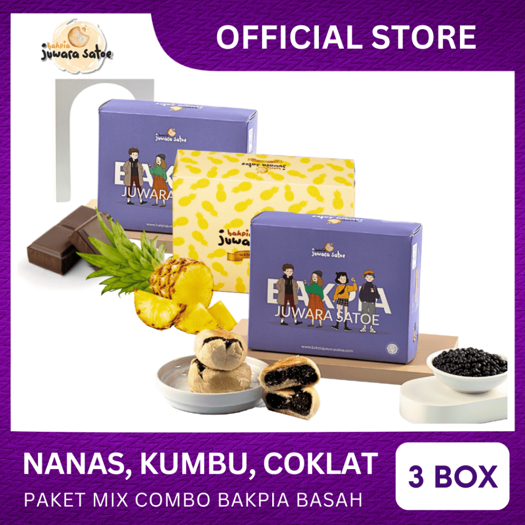 

[ 3 BOX ] PAKET MIX COMBO BAKPIA BASAH (NANAS, KUMBU, COKLAT) - BAKPIA JUWARA SATOE