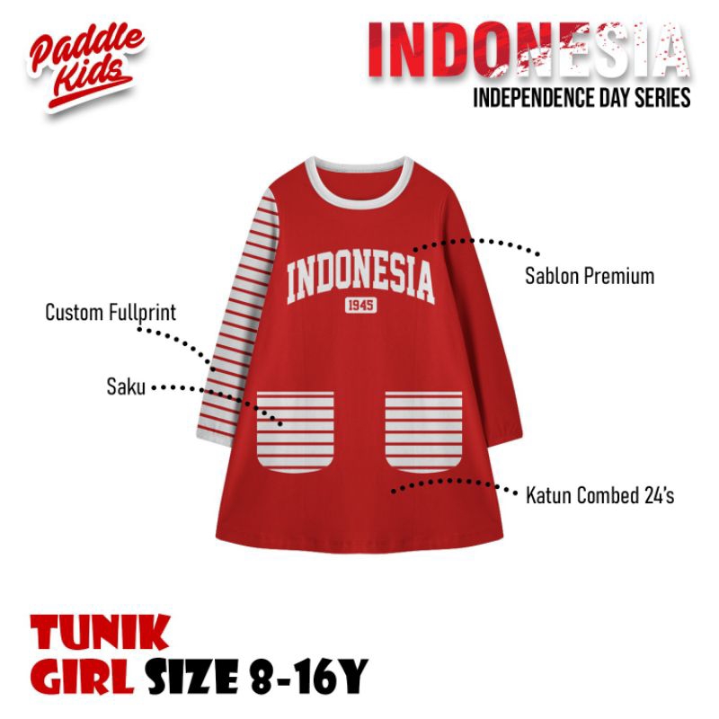 outfit tunik anak motif merah salur indonesia kemerdekaan indonesia merah putih navy 6-15tahun dress