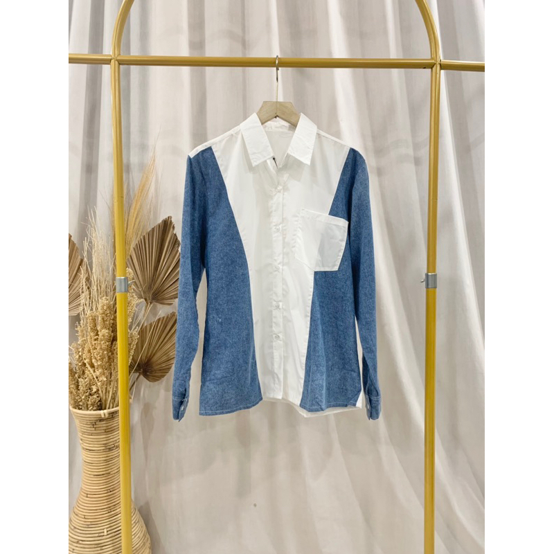 Blus Polos Kombinasi Jeans Wanita