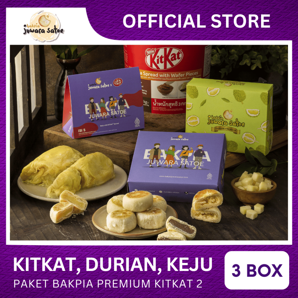 

[ 3 BOX ] PAKET BAKPIA PREMIUM KITKAT 2 (KITKAT, DURIAN, KEJU) - BAKPIA JUWARA SATOE