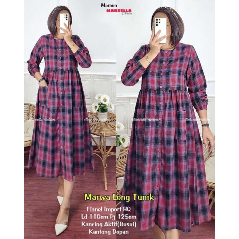 MARWA LONG TUNIK BY MARSELLA / DRESS FLANEL IMPORT LD 110 CM PREMIUM MOTIF KOTAK KOTAK