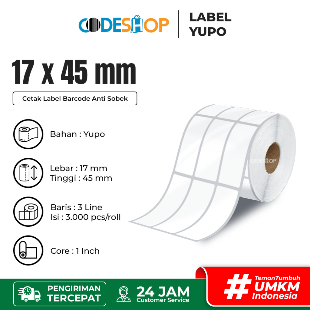 

Stiker Label Yupo 17x45mm 3 Line isi 3000 Pcs Core 1"Gap Perforasi