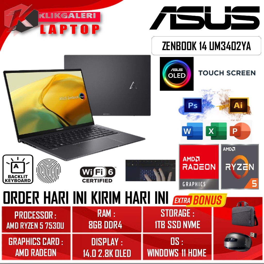 Laptop Zenbook OLED Murah 14 UM3402YA AMD RYZEN 5 7530U 8GB DDR4 1TB SSD NVME Windows original