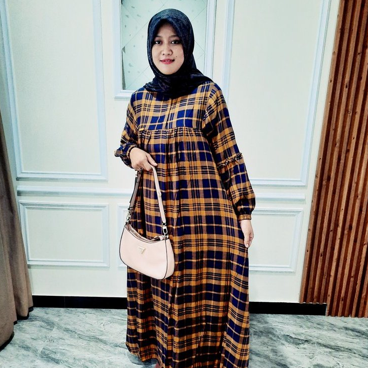 gamis rayon twill motif kotak busana muslim wanita teradem rayon premium