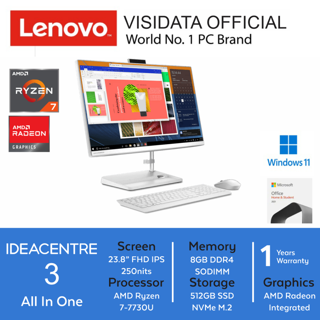 Lenovo IdeaCentre AIO 3 QYID Ryzen 7-7730U 8GB 512GB 23.8"FHD OHS