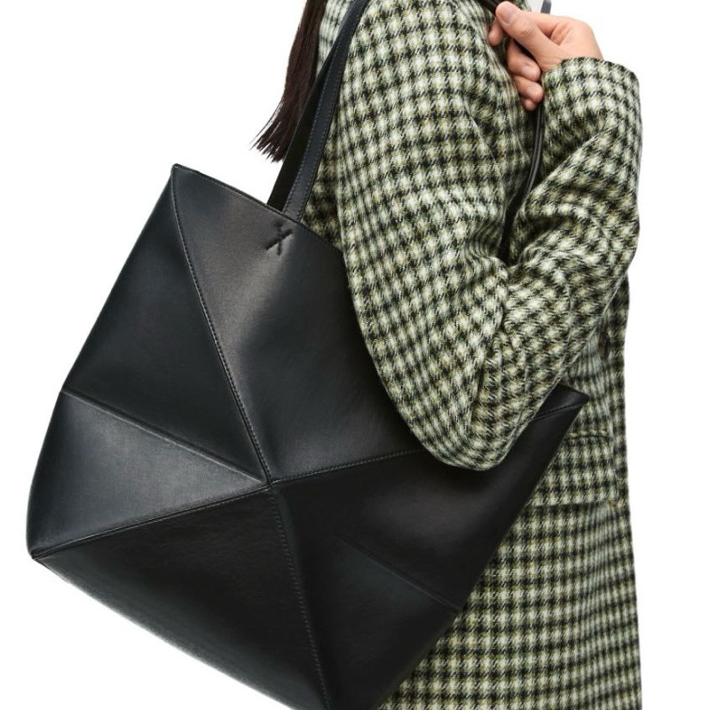 Original Loewe Medium Puzzle Fold Signature Geometric Lines Tote Bag in Shiny Calf Leather