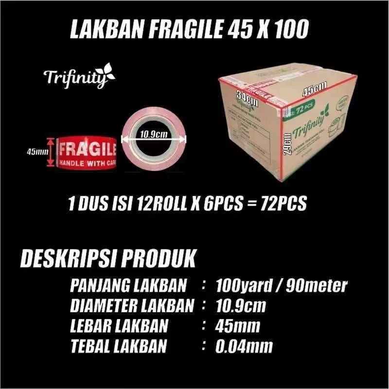 

grosir - Lakban Bening / Lakban Fragile Trifinity Garansi 90M 45mm x 100 yard perpc