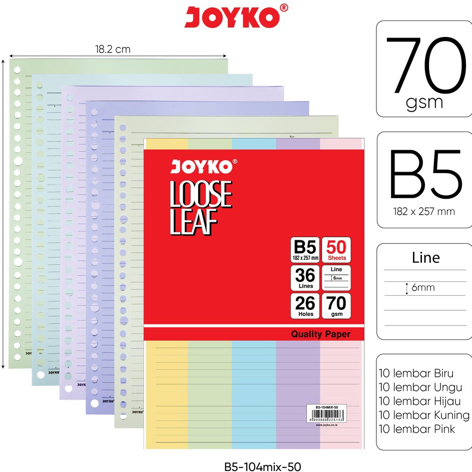 

Hot Limited Loose Leaf Color Isi Kertas File Binder Warna Joyko B5