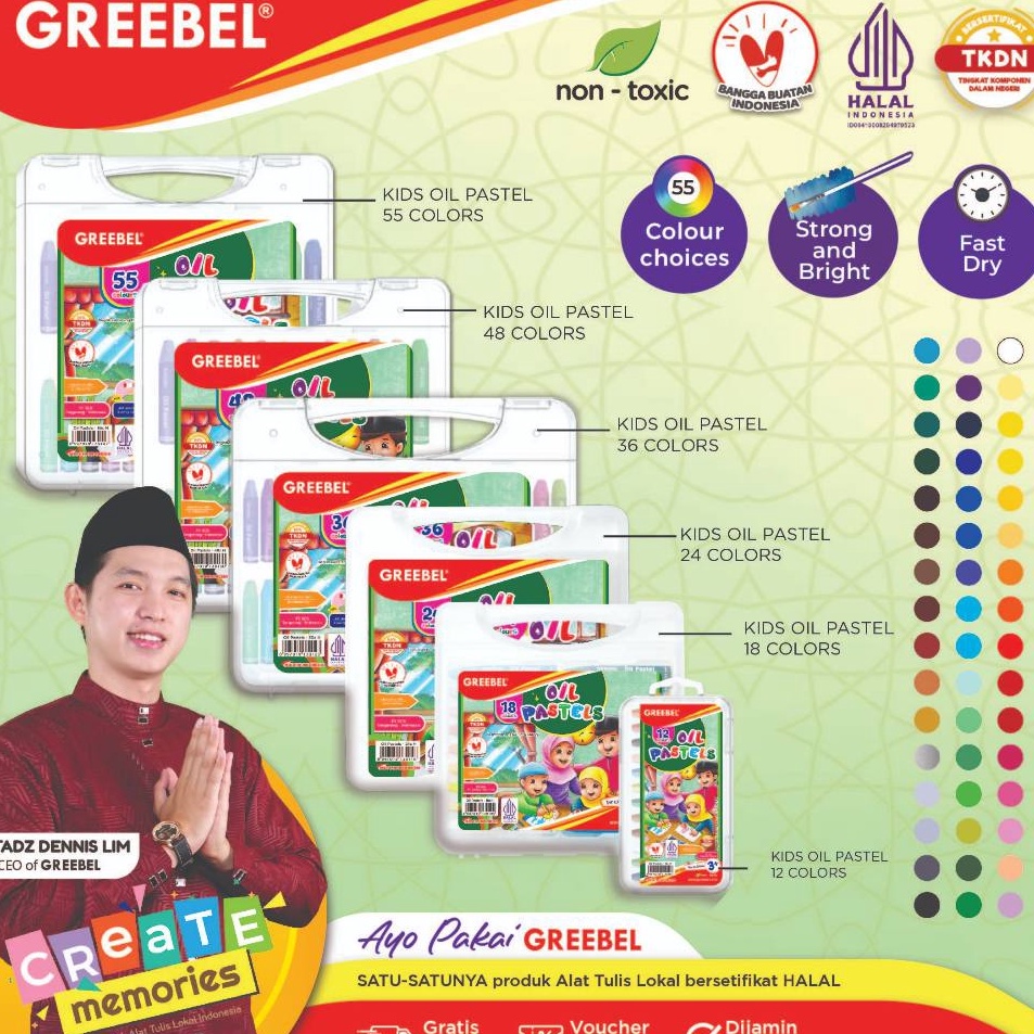 

Pasti Spesial GREEBEL Crayon Krayon KIDS OIL PASTEL HALAL EDITION tidak berdebu cerah untuk Sekolah Anak professional non toxic