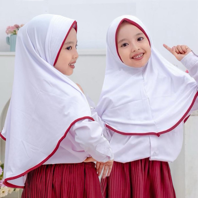 Kerudung anak sekolah SD NON SERUT putih list 6-10 tahun kaos super premium jilbab instan hijab Aliy