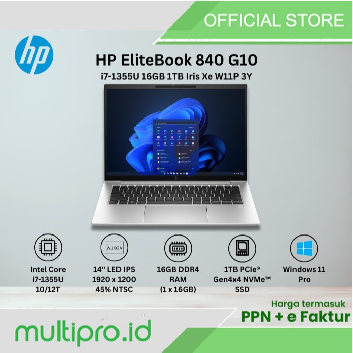 HP EliteBook 840 G10 i7-1355U 16GB 1TB SSD 14" Iris Xe Windows 11 Pro Warranty 3Yr 9J022PT