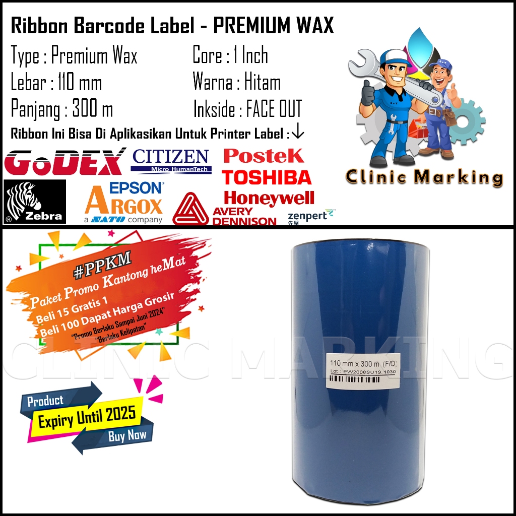 Ribbon Barcode Label Wax Size 110 x 300 / pita barcode wax 110x300