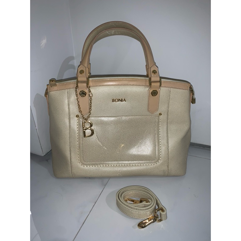 Tas Merk Original Bonia Hand Bag Top Handle Warna Coklat Cream