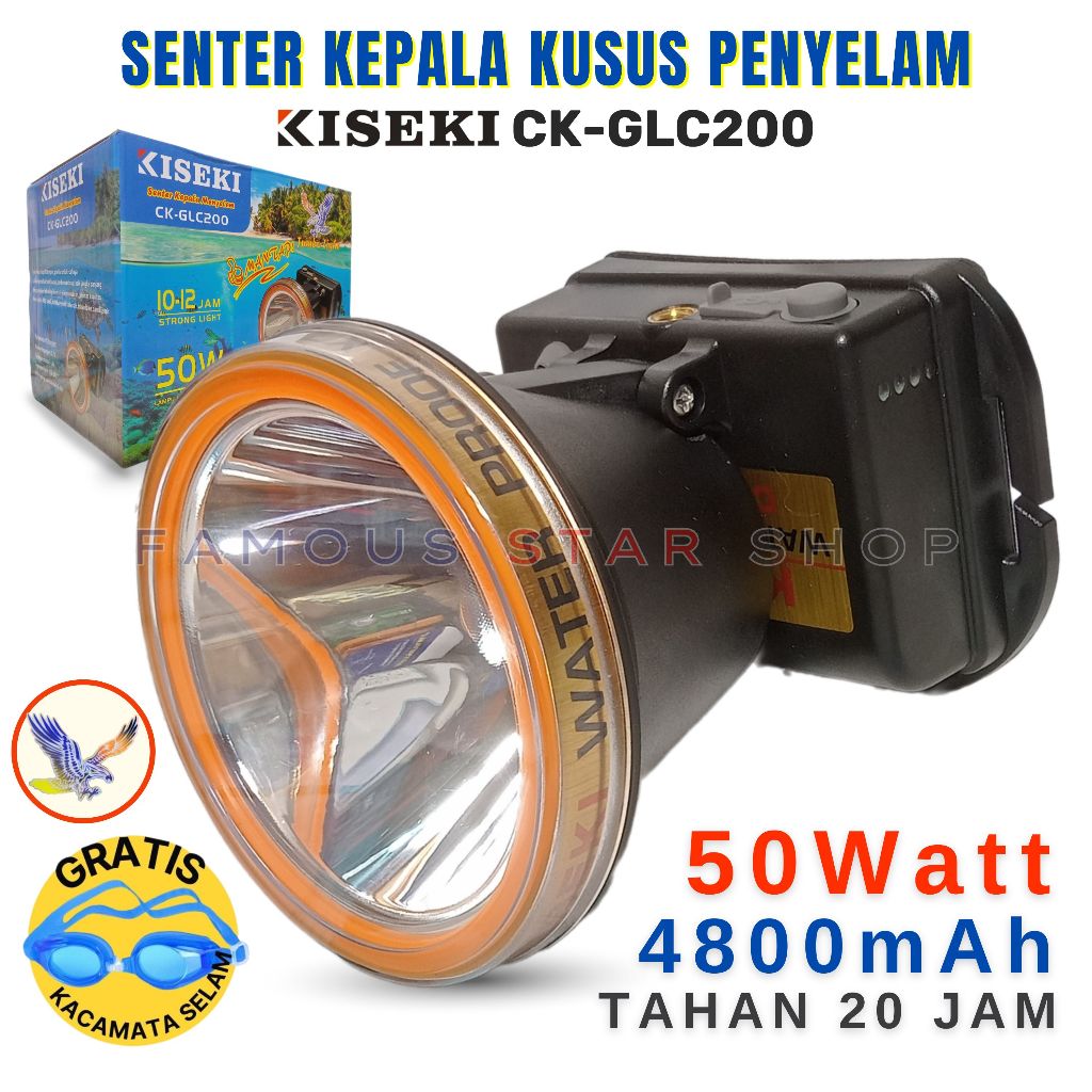 Senter Kepala Selam KISEKI CK-GLC200 50 Watt [ SUPER TAHAN AIR ] - Senter Kepala LED Super Terang Ca