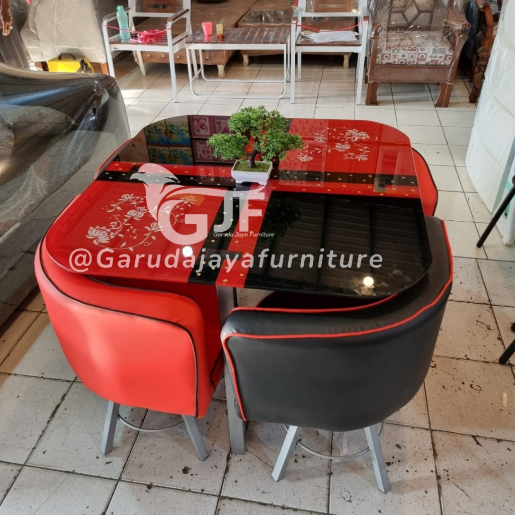 SET MEJA MAKAN KACA MINIMALIS WARNA MERAH HITAM OREN HITAM / MEJA MAKAN HEMAT RUANG / MEJA MAKAN MIN