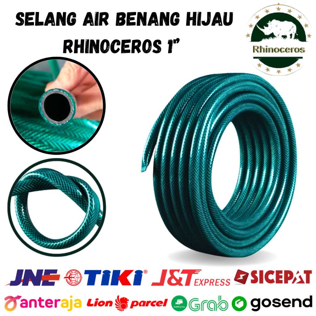 Selang Air 1 inch 100 meter Benang Hijau RHINOCEROS Anti Lumut 1inchi 100M tebal 2mm Bahan PVC baru