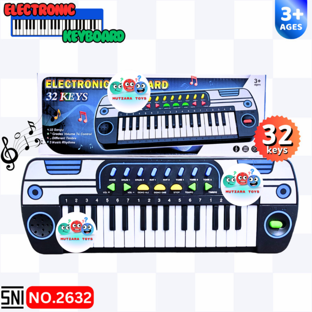 Mutiaratoys Mainan Electronic Keyboard Hitam Biru 32 Keys No.2632