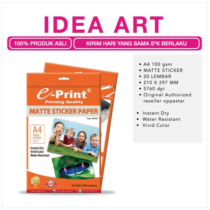 Kertas Foto Print STICKER MATTE STICKER e-Print  A4 100 gsm isi 20 Lembar - Pak