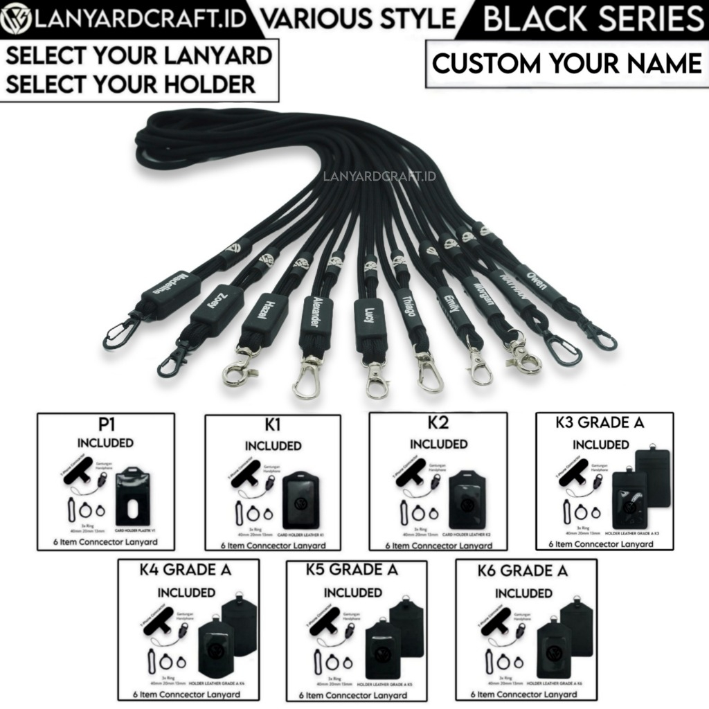 

Lanyard Craft Perusik Black Series Custom Nama / Logo Gantungan Tali id card - V2