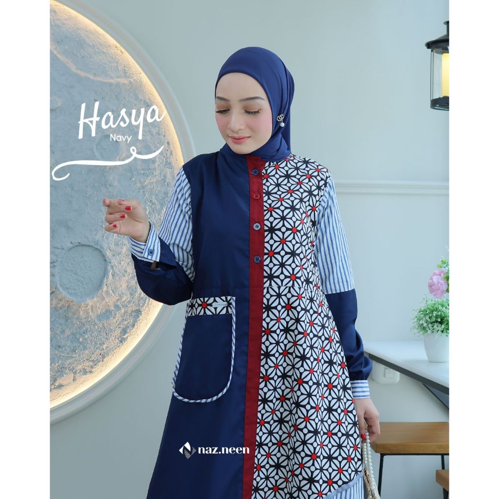 naz.neen -  Hasya Dress Gamis Batik Warna Navy maroon Bahan Toyobo dan Batik Katun Salur Primis
