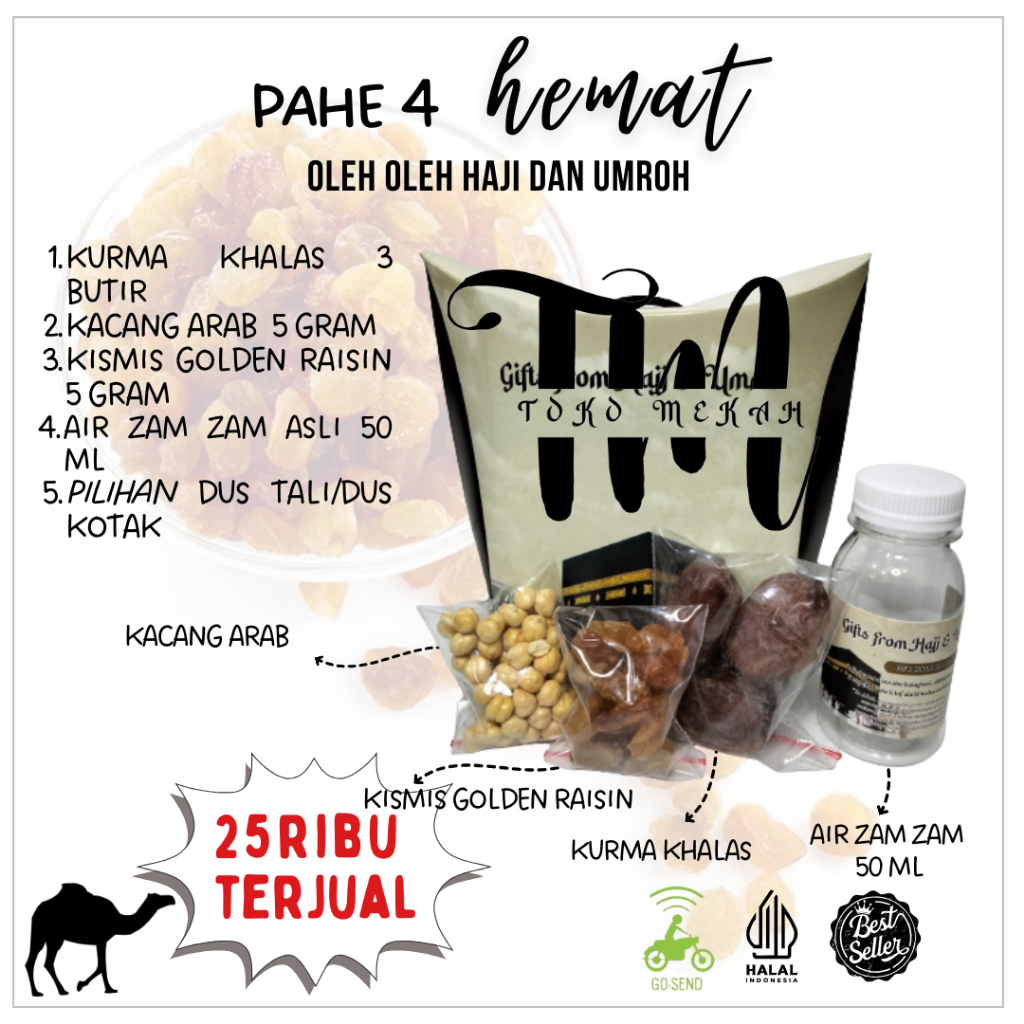 

PAKET SUPER HEMAT 100 pcs Oleh Oleh Haji dan Umroh Souvenir Umroh / Paperbag Isi Air Zam Zam Kurma Kismis Kacang Arab