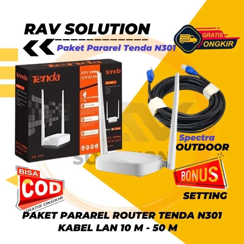 ROUTER TENDA N301 + KABEL LAN OUTDOOR SIAP PAKAI
